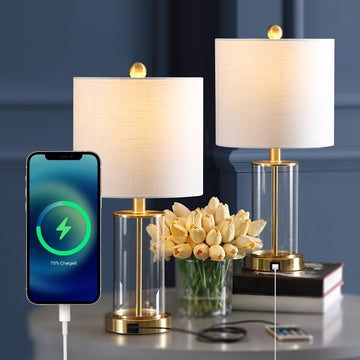 Abner 21" Glass Modern Contemporary USB Charging LED Table Lamp - JONATHAN Y